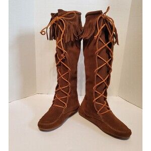 Minnetonka Front Lace Knee High Suede Fringe Moccasin Boots Wm Sz 6 Festival